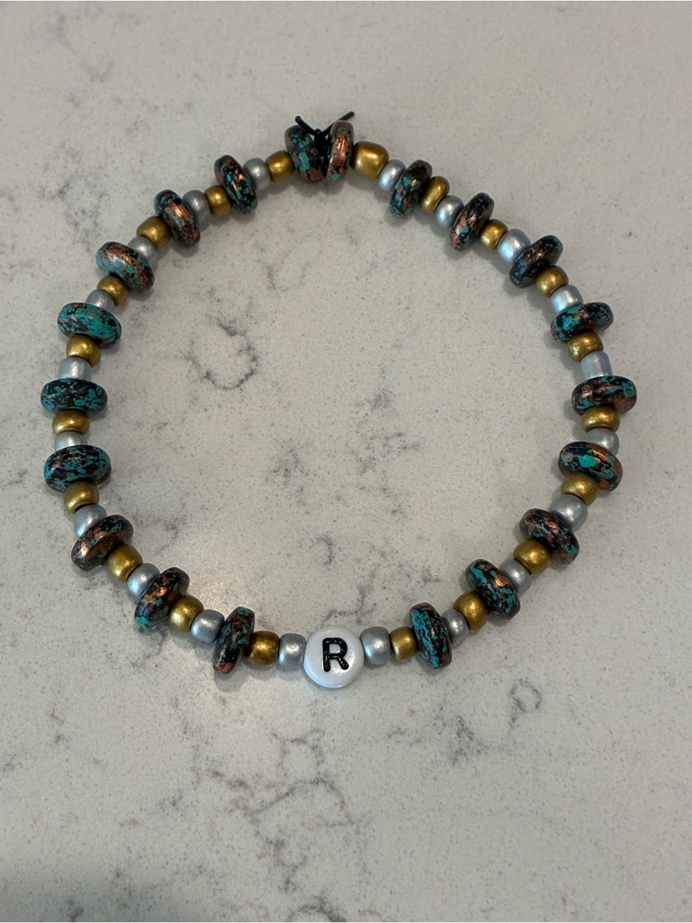 Personalized 'R' Beaded Stretch Bracelet in Turquoise, Gold & Silver